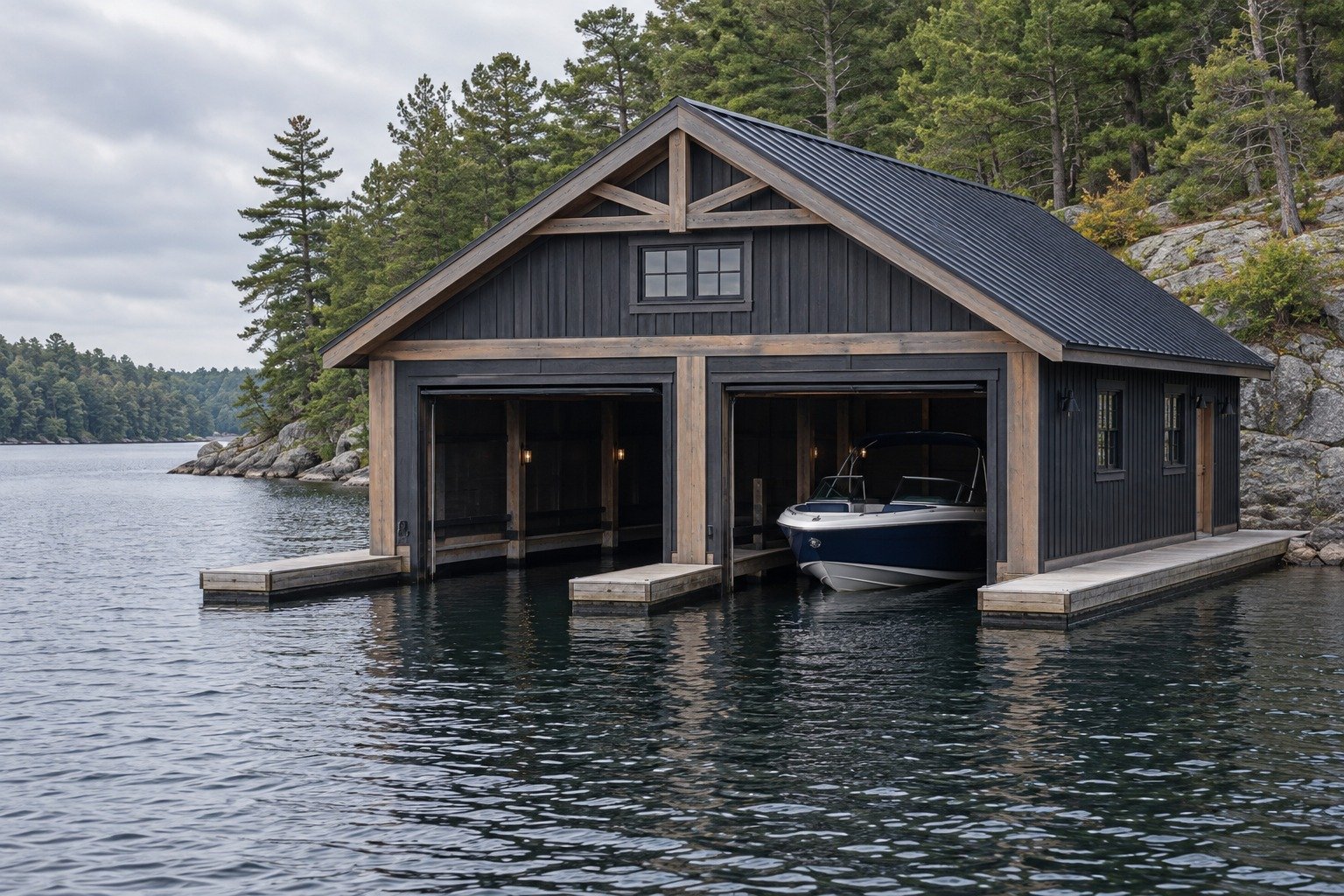 Photorealistic design visualization of a charcoal boathouse with open boat slips, one empty bay and a navy bowrider in the other
