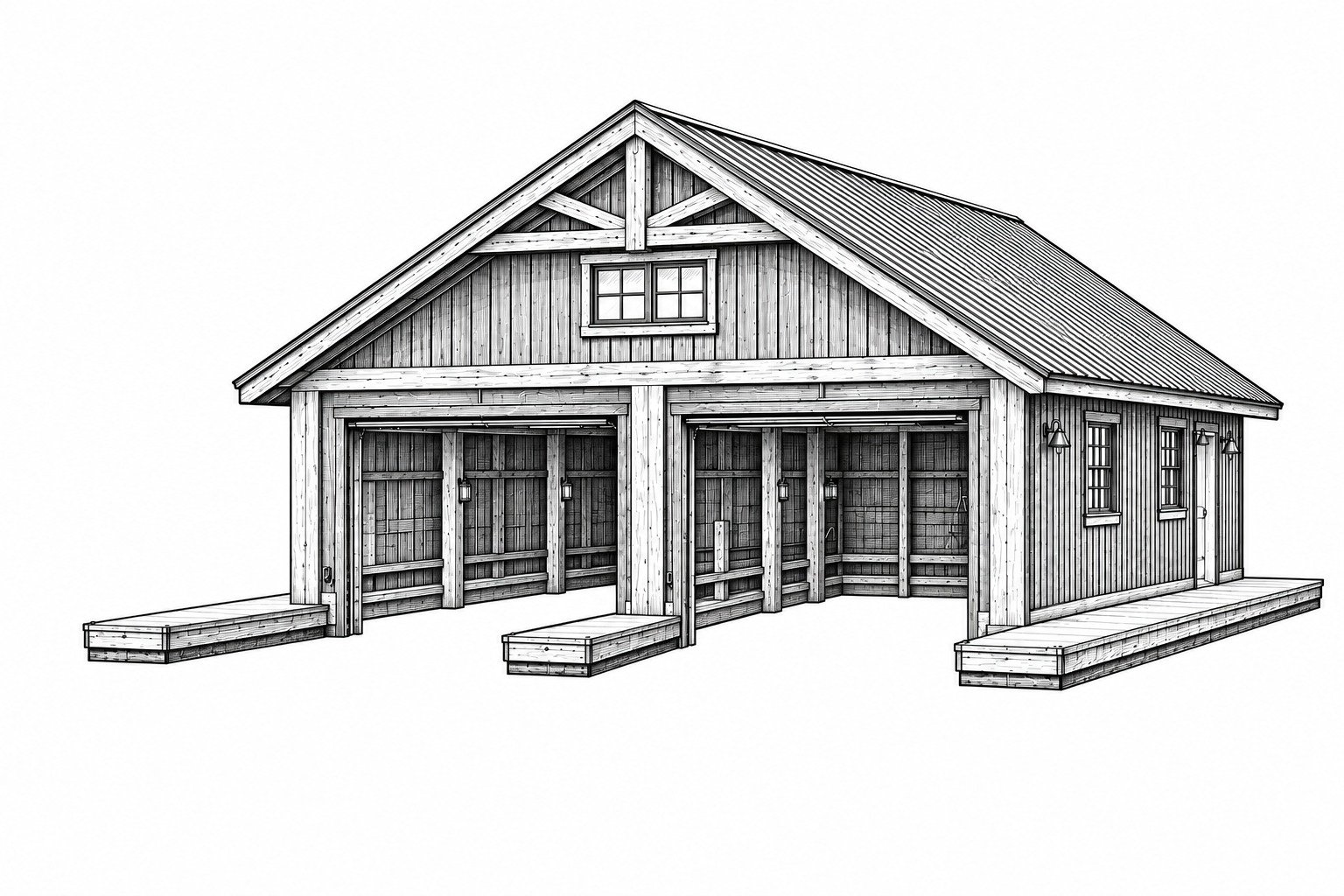 Black-and-white architectural drawing of a boathouse and dock isolated on a white background