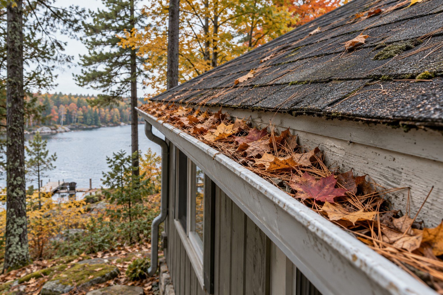 Autumn leaves and pine needles accumulated in a cottage eavestrough