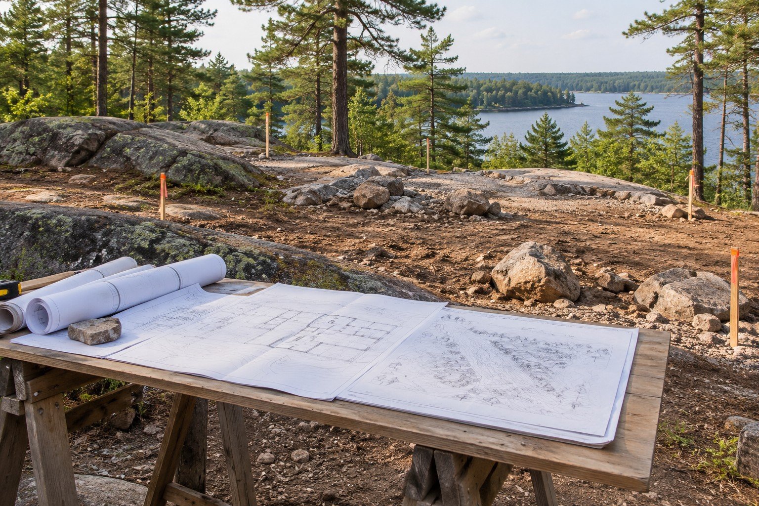 Plans laid out at a wooded cottage construction site with granite and survey stakes