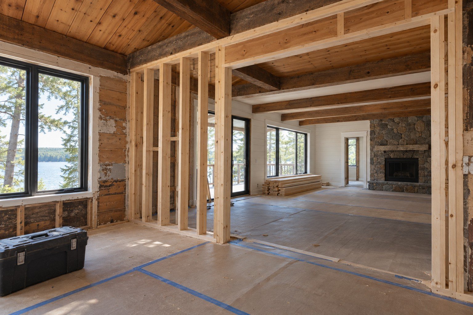 Cottage renovation in progress with exposed framing, retained timber and protected floors