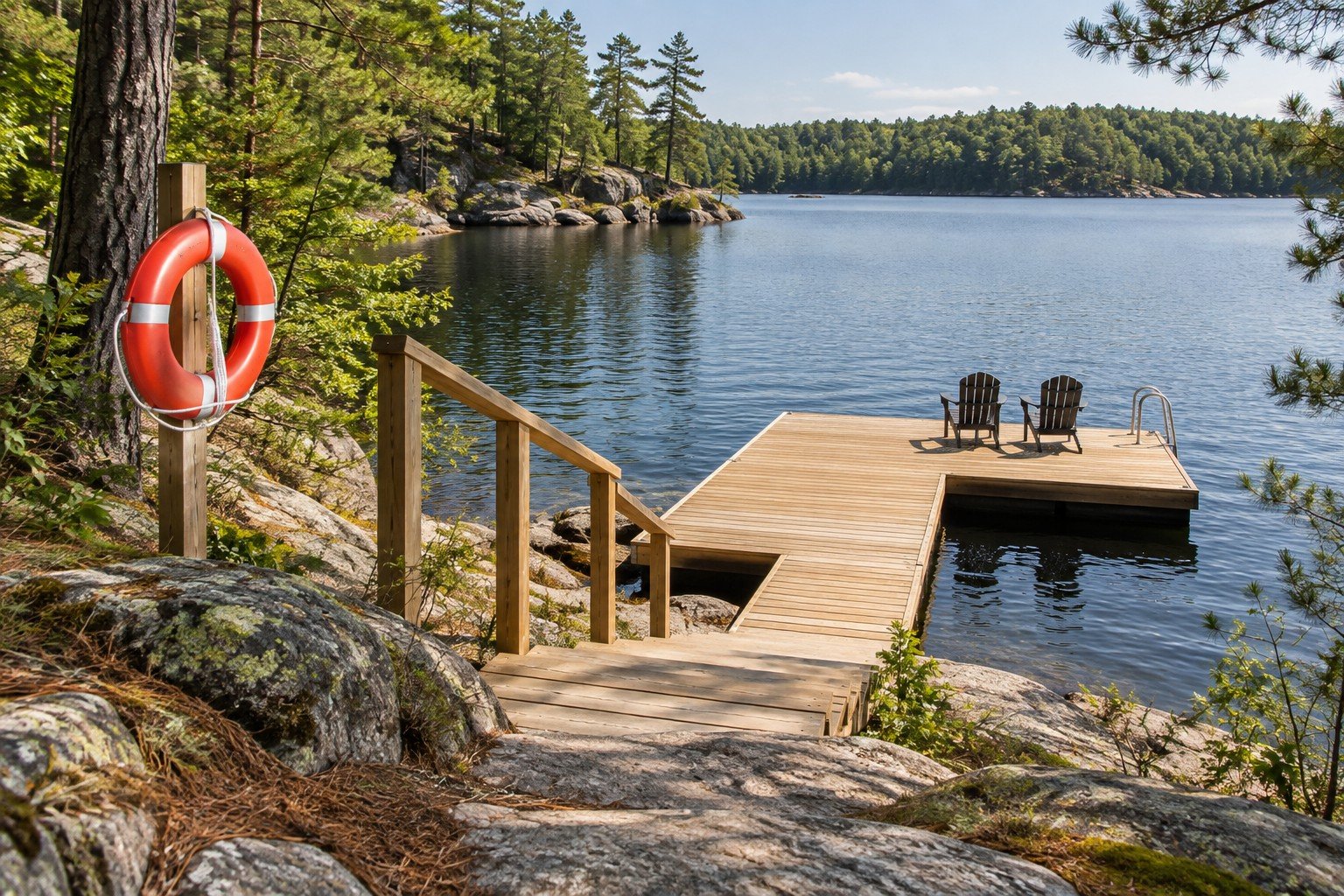 Clear timber dock walkway and shoreline stairs with a handrail and visible rescue ring