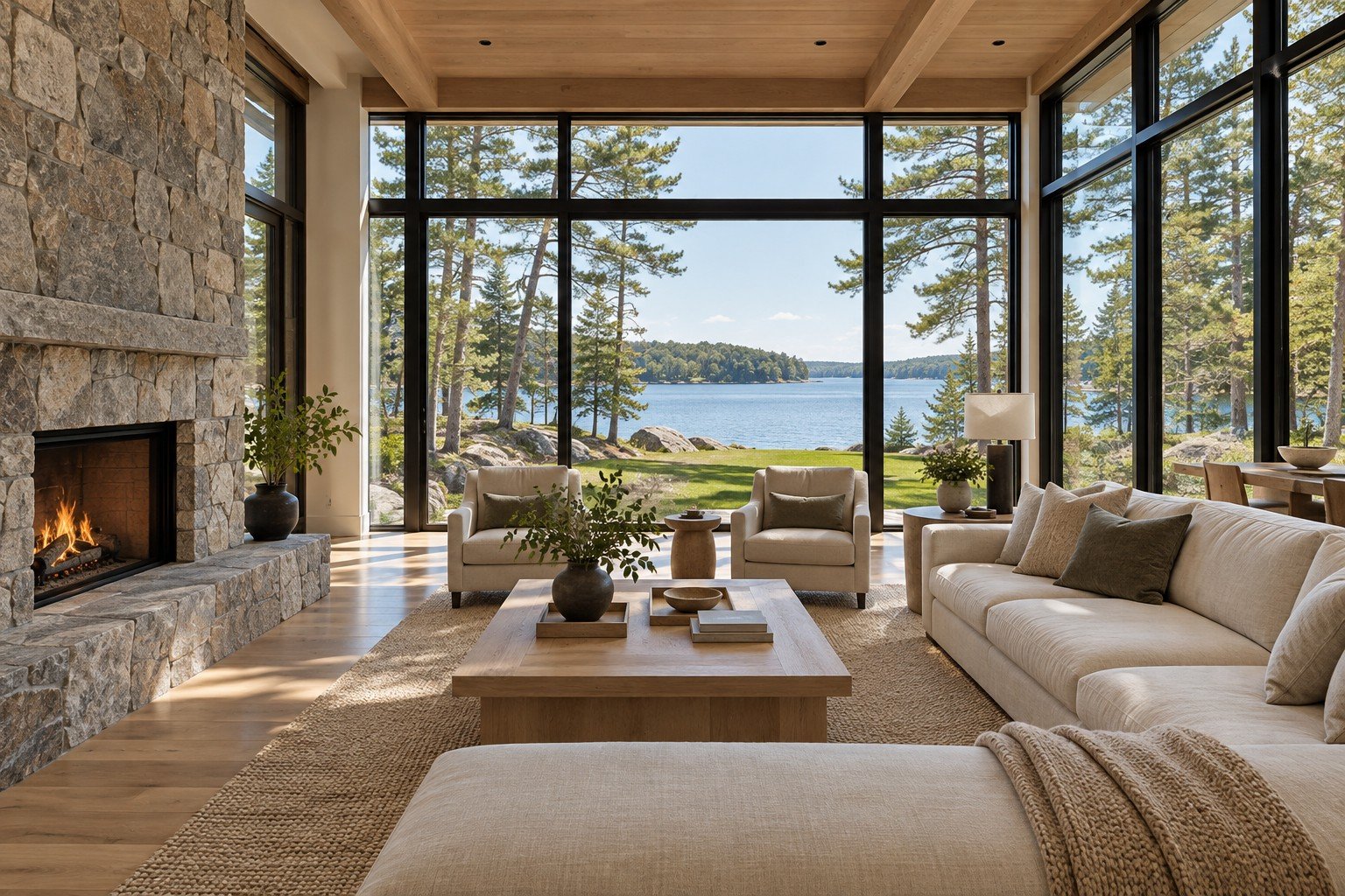 Finished cottage interior with oak and natural stone overlooking a Muskoka lakeside property through expansive windows